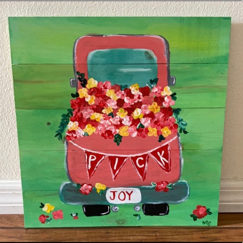PICK JOY handmade painting on wood farmhouse floral pickup truck made by me - Picture 3 of 16
